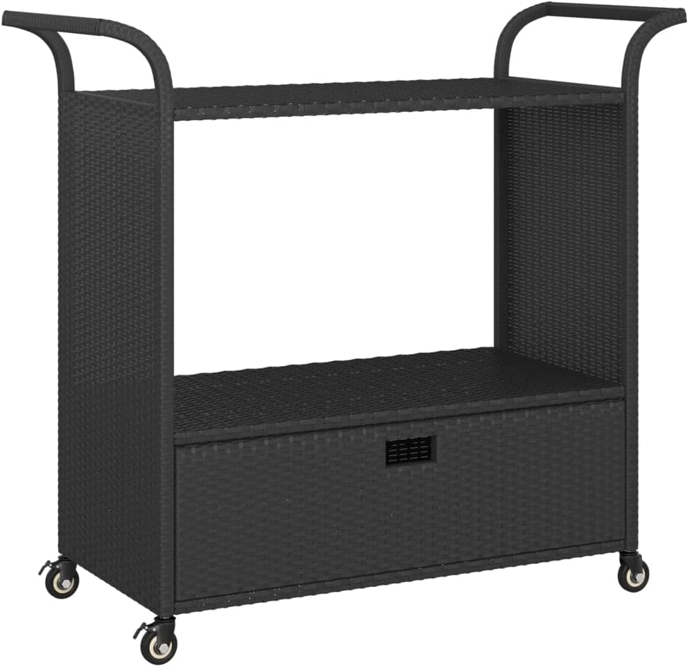 Outdoor Rolling Wicker Bar Cart with Drawer, Portable Bar Cart with Wheels, Patio Kitchen Island Cart for Pool Deck Backyard, Black 39.4"x17.7"x38.2" Poly Rattan -460