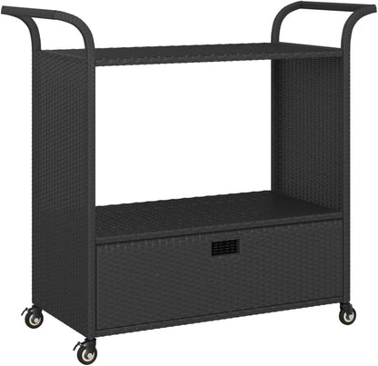Outdoor Rolling Wicker Bar Cart with Drawer, Portable Bar Cart with Wheels, Patio Kitchen Island Cart for Pool Deck Backyard, Black 39.4"x17.7"x38.2" Poly Rattan -460