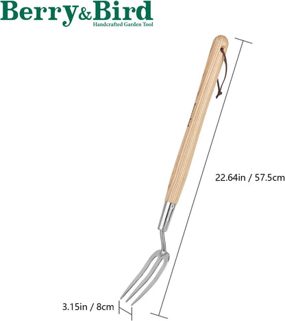 Berry&Bird Gardening Hand Fork, 22.6 Inches Long Handled Stainless Steel Weed Fork, Traditional Garden Hand Fork Tool with Ergonomic Ash Wood Handle for Weeding, Digging, Planting and Cultivating
