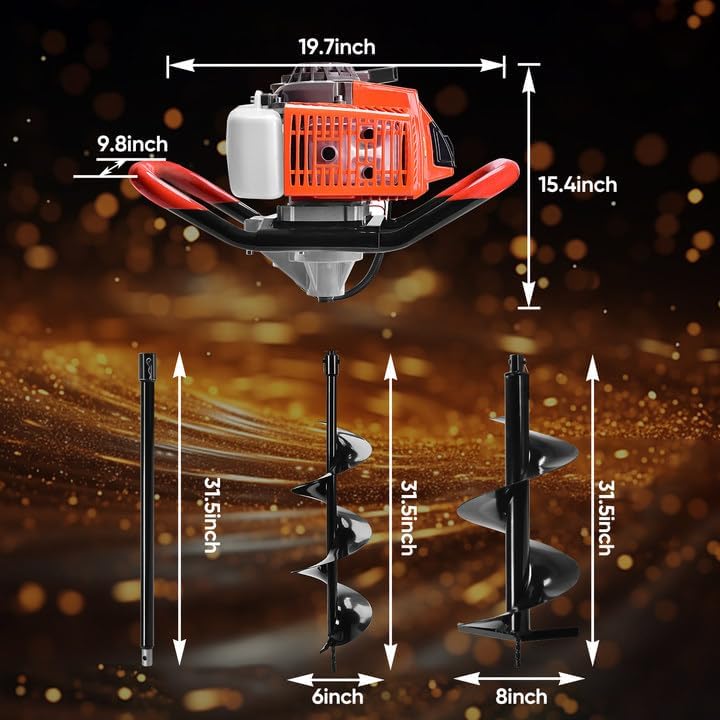 72CC Post Hole Digger, 2 Stroke Auger Post Hole Digger Gas Powered with 2 Augers Drill Bits 6" 8"+1 Extension Rod 31.5", Earth Auger Fit for Farm,Garden