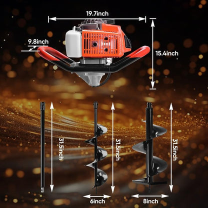72CC Post Hole Digger, 2 Stroke Auger Post Hole Digger Gas Powered with 2 Augers Drill Bits 6" 8"+1 Extension Rod 31.5", Earth Auger Fit for Farm,Garden