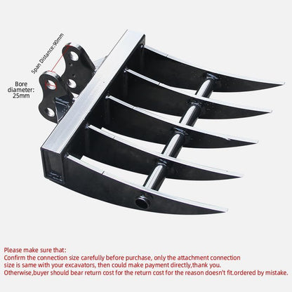 Mini Excavator Attachment Rake, Metal Material, Hole Diameter: 25MM/0.98in, Suitable for 1 - Ton Mini Excavators