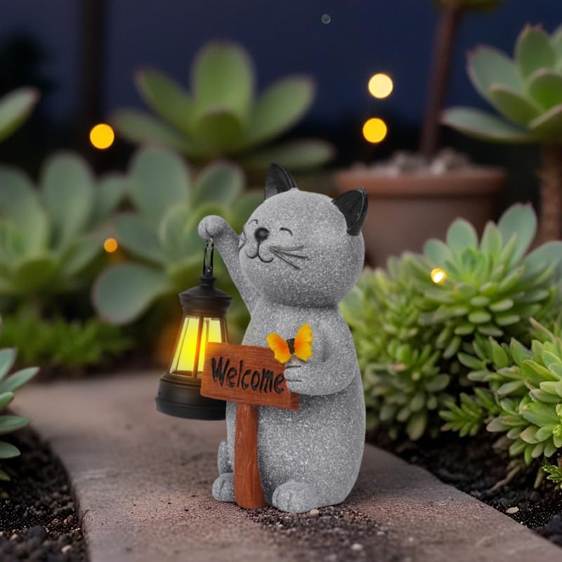 Cat Garden Statues with Solar Lantern, Outdoor Figurine Resin Sculpture Hanging Solar Power Lights for Decoration Yard Patio Balcony Lawn Ornament Art Decor, Unique Gift for Grandma Wowen Mom