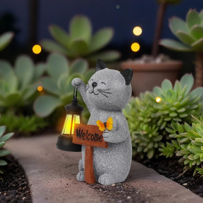 Cat Garden Statues with Solar Lantern, Outdoor Figurine Resin Sculpture Hanging Solar Power Lights for Decoration Yard Patio Balcony Lawn Ornament Art Decor, Unique Gift for Grandma Wowen Mom