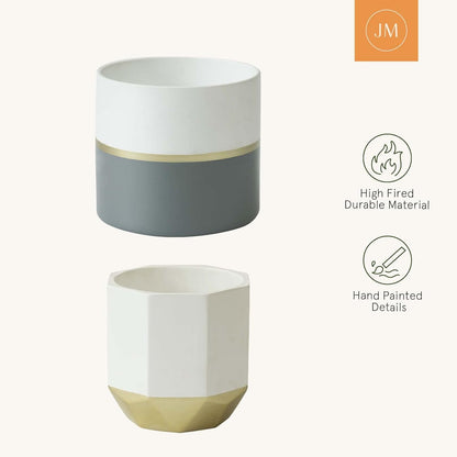 LA Jolie Muse White Ceramic Flower Pot Garden Planters 6.7 Inch Pack 2 Indoor Plant Containers with Gold and Grey Detailing