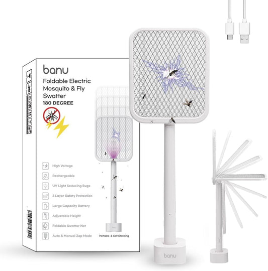 BANU Electric Fly Swatter Bug Zapper Racket, 180-Degree Folding, Adjustable 2-in-1 Mosquito Killer
