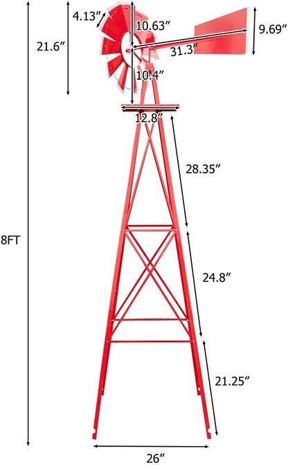 8FT Windmill for Yard Garden Decoration with Weather Vanes，Heavy Duty Outdoor Wind Mills, Large Metal Outdoor Windmill,Weather Resistant,Red