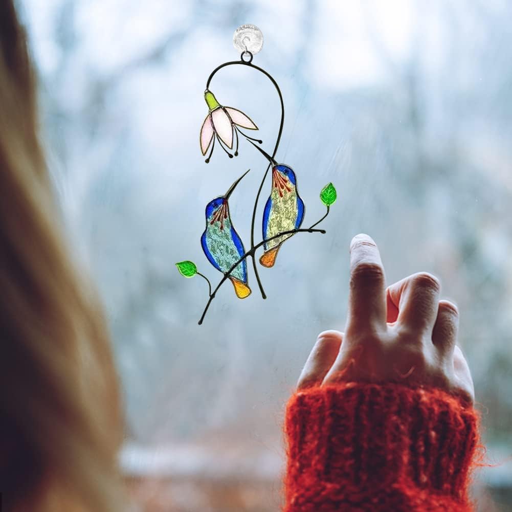 Hummingbird Suncatcher for Window, Chickadee Stained Glass Window Hangings Sun Catcher for Outdoor Garden Decor A Lovely Present for Your Family(Size:3.94x2.64inch)