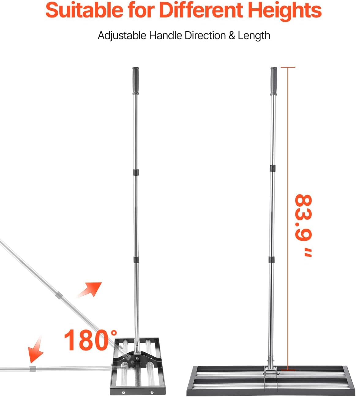 VEVOR Updated Lawn Leveling Rake with Roller, 30'' x 10" Stainless Steel Lawn Leveler with 83.9'' Adjustable Handle, Heavy Duty Yard Leveling Rake, Effort Saving Lawn Leveling Tool for Yard Golf Court