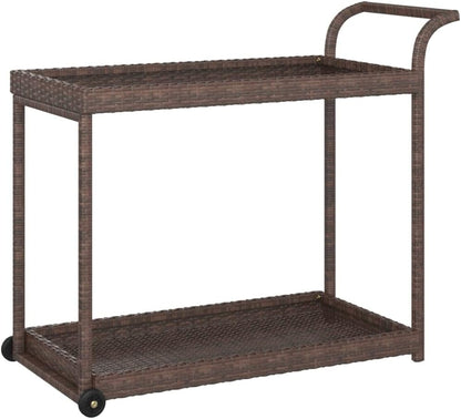 Outdoor Rolling Wicker Bar Cart with Storage Shelves, Portable Bar Cart with Wheels, Patio Kitchen Island Cart for Pool Deck Backyard, Brown 39.4"x17.7"x32.7" Poly Rattan -462