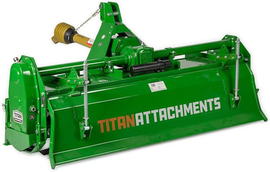 Titan Attachments 3 Point 60" Rotary Tiller Attachment, Fits Cat 1 Tractors, Green Finish, PTO Driven Cultivator with a 540 RPM Gearbox, Replaceable Tines, Aerates Ground Soil