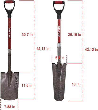KYLIN 14-Gauge Heavy Duty Shovels Set,2-Piece Fiberglass D-Handle Spade,16” Drain Landscping Shovel, for Gardening, Cleaning Out Ditches, Laying Cable Channels, Construction and Landscaping Industry.