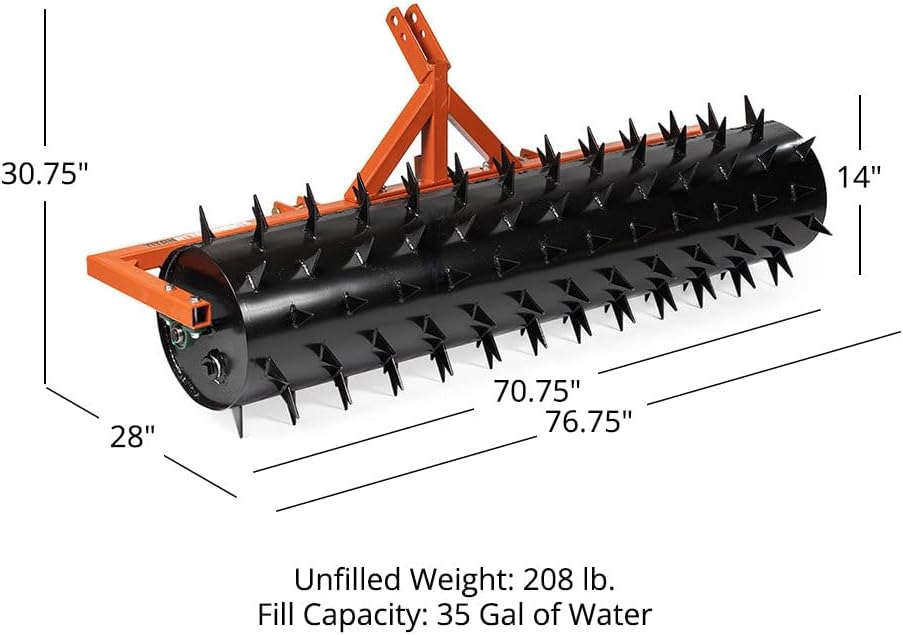 Titan Attachments 3 Point 6 ft Drum Spike Aerator, Fits Cat 1 & 2 Tractors, Tow-Behind Soil Penetrator, Adjustable Weight for Compact Soil, Pull Behind Lawn Tool for Drainage & Fertilization