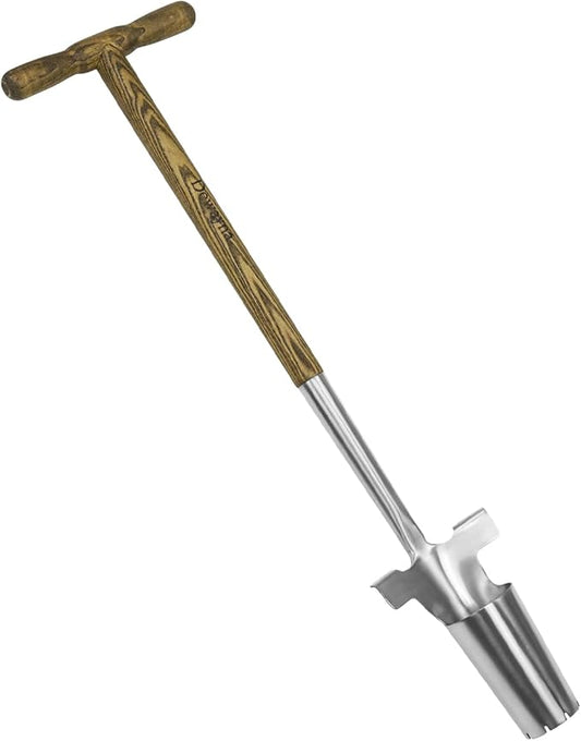 Long Handled Bulb Planter Tool, 37'' Bend-Proof Stainless Steel Bulb Planter, 4'' Depth Mark Long Handled Hole Digger, Bulb Planter with Comfortable T-Shape Long Wood Handle for Planting Tulip