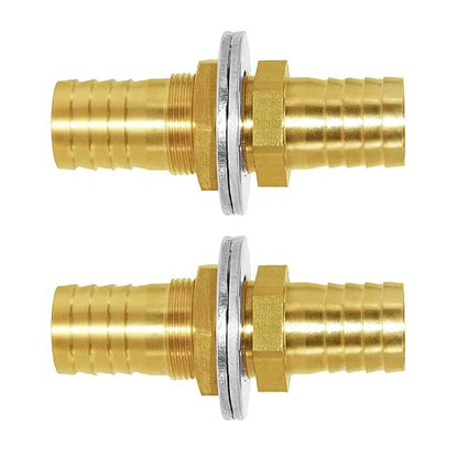 Joywayus 5/8" Hose Barb Thru-Bulk Head Hex Union Brass Fitting with Flat Washer Gasket Water/Fuel/Air (Pack of 2)