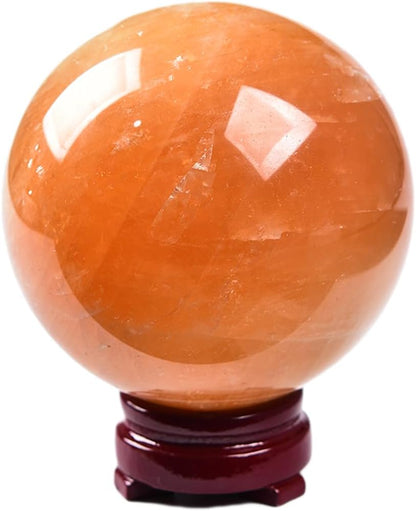 JIC Gem Stripe Orange Calcite Sphere Ball 3.5inch with Wood Stand for Fengshui Healing and Decoration