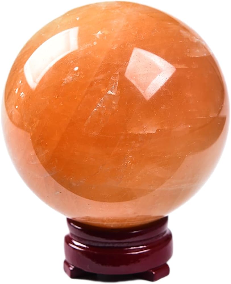 JIC Gem Healing Crystal Ball Stripe Orange Calcite Sphere Ball Decorative Ball with Wood Stand for Fengshui and Decoration (90-100mm)