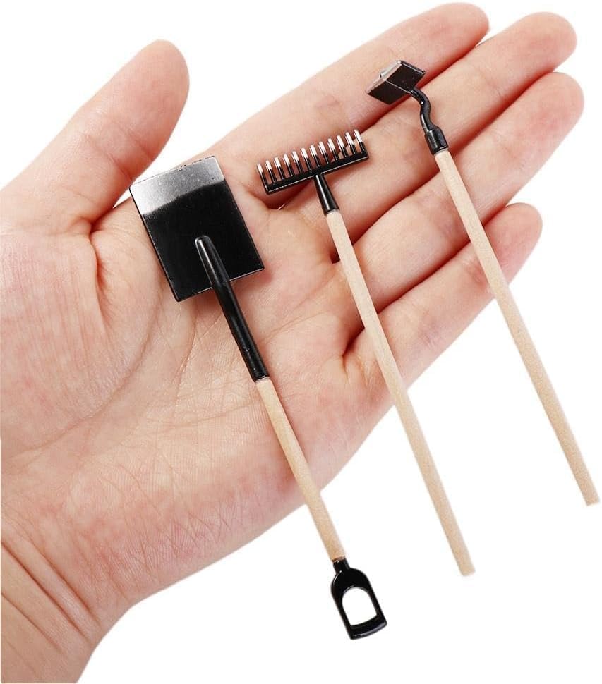 3Pcs Miniature Garden Tools 1:12 Mini Shovels and Rake Farm Tools Fairy Garden Furniture Dollhouse Accessories (Green)
