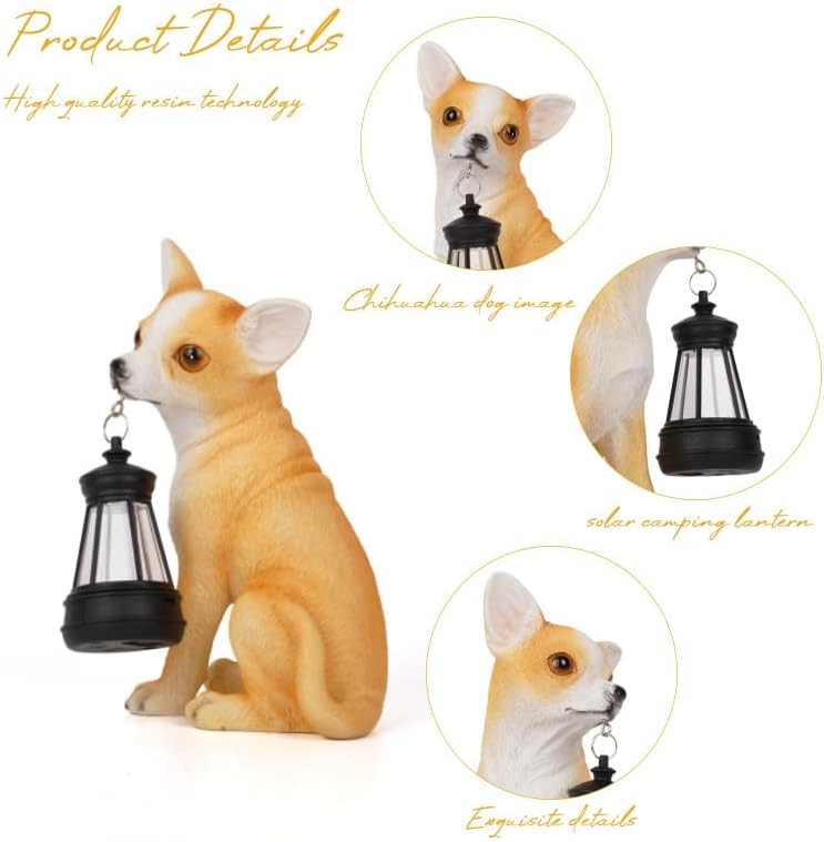 Chihuahua Garden Statues with Solar Lantern, Outdoor Figurine Resin Sculpture Hanging Solar Power Lights for Decoration Yard Patio Balcony Lawn Ornament Art Decor, Unique Gift for Grandma Wowen Mom