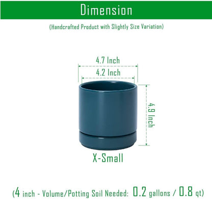 D'vine Dev Set of 2 Plants Pots, 4.7 Inch Ceramic Planter Pot for Plants with Drainage Hole and Saucer, Teal, 94-V-B-9