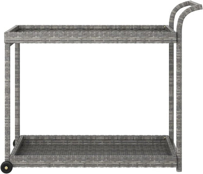 Outdoor Rolling Wicker Bar Cart with Storage Shelves, Portable Bar Cart with Wheels, Patio Kitchen Island Cart for Pool Deck Backyard, Gray 39.4"x17.7"x32.7" Poly Rattan -464