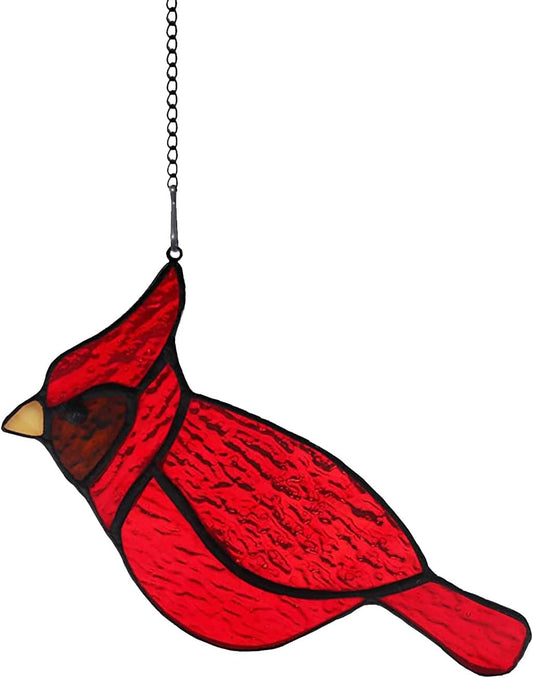 BOXCASA Red Cardinal Suncatcher for Window, Handmade Stained Glass Hanging, Memorial Gift for Loss