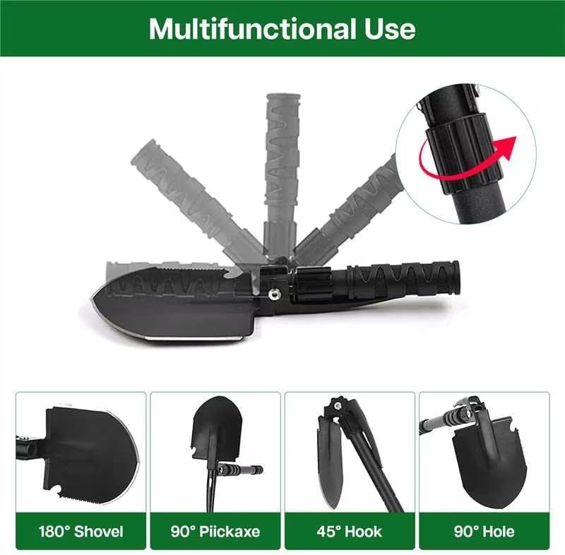 Folding Survival Shovel Multi-Tool, Heavy-Duty Military Entrenching Tool with Pickaxe, Collapsible Spade for Disaster Recovery, Car Emergency, Metal Detecting, Camping, Digging, and Gardening