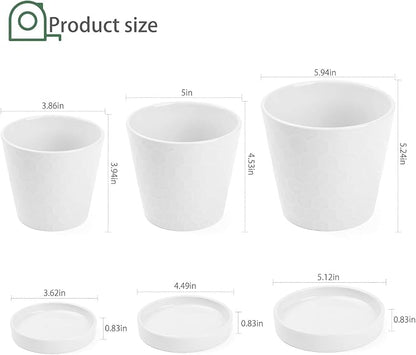 Plant Pots – 4”+5”+6” inch Ceramic Planter with Drainage Holes and Ceramic Tray - Gardening Home Desktop Office Windowsill Decoration Gift Set 3 - Plants NOT Included (White)