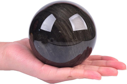JIC Gem Large Golden Obsidian Crystal Ball with Stand Natural Quartz Crystal Sphere Healing Ornament Witchcraft Meditation Home Decor 3.5-4 inch(90-100mm)