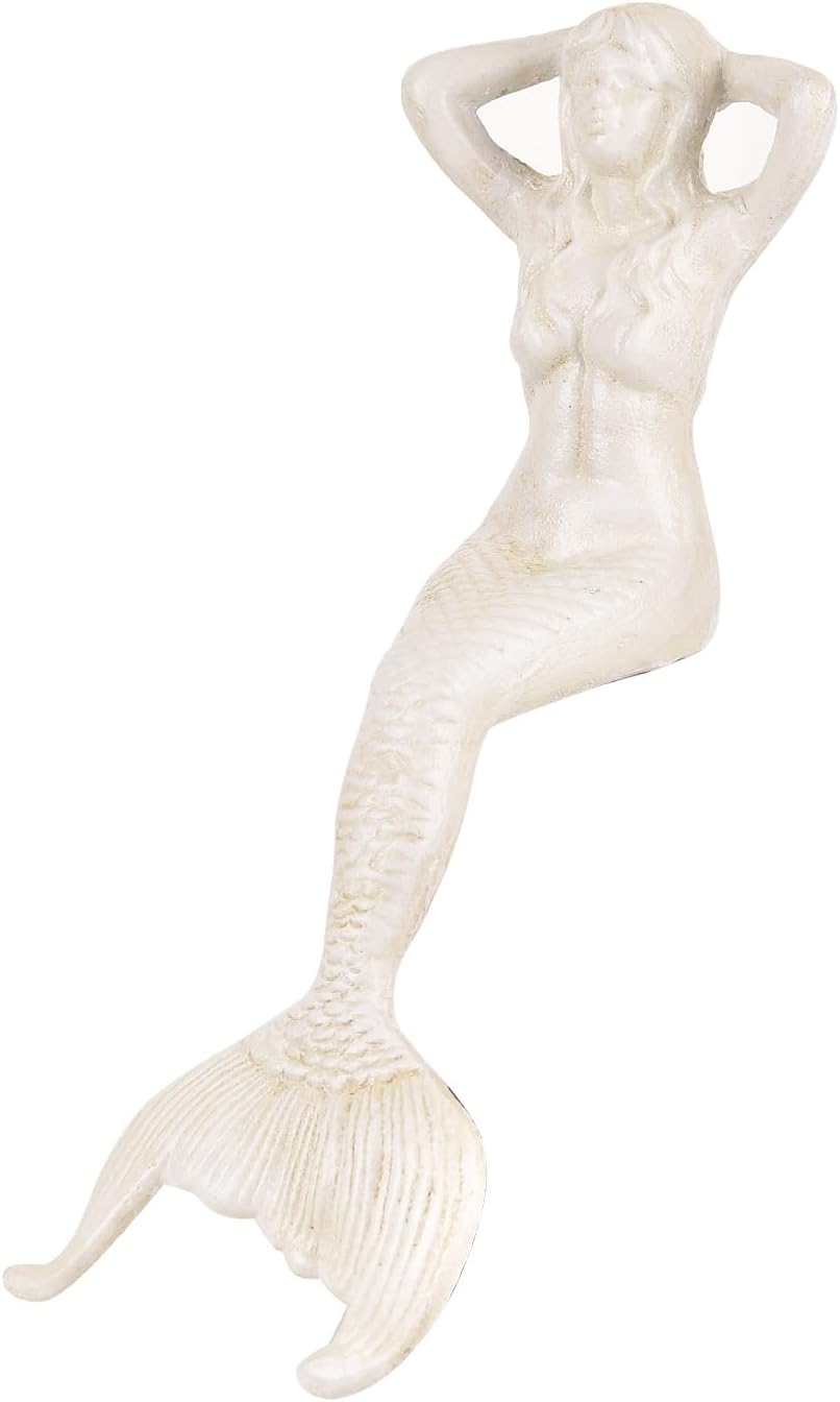 Sungmor 14.3" Tall Large Cast Iron Mermaid Statue, Sitting Mermaid Sculpture Decoration for Pool Pond Birdbath Shelf Desk, Rustic White Garden Figurines for Indoor Outdoor Fish Tank Fountain Rockeries