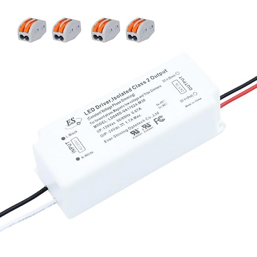 UL Recognized 24V LED Driver Dimmable, 120V to 24 Volt Transformer Triac Dimming Power Supply IP67 Waterproof, 1.7A DC Adapter AC Dimmable for LED Strip Light