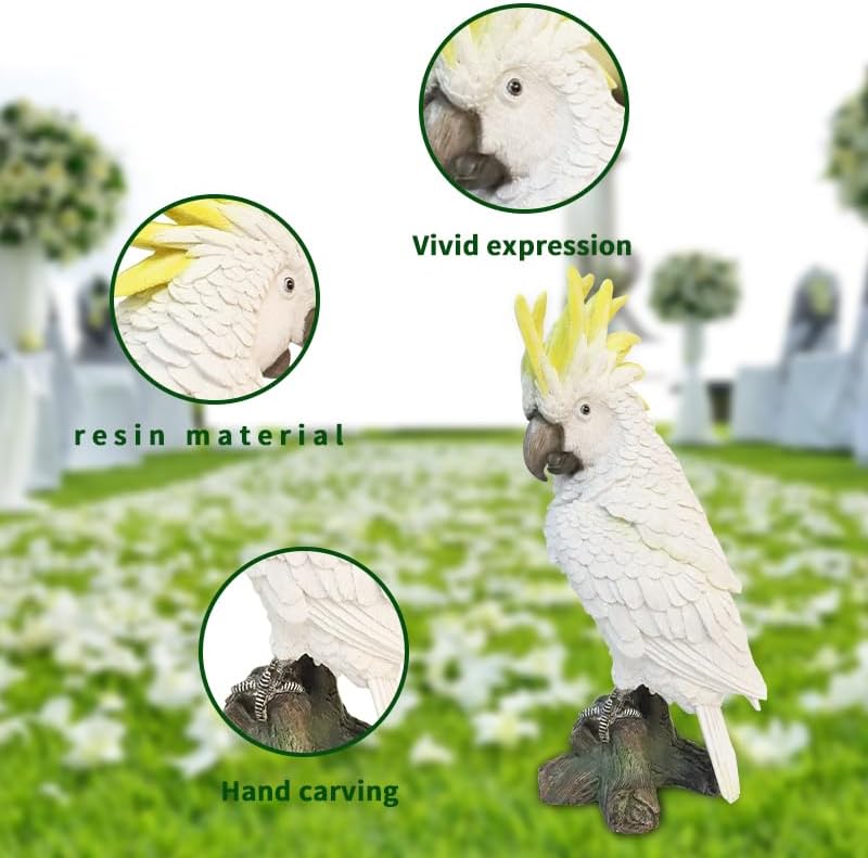 Decorative Parrot Garden Statue, Garden Decor Sculptures Statues Outdoor, Cockatoo Bird Tropical Indoor Desk Decor, Yellow White, 15.35 inches high