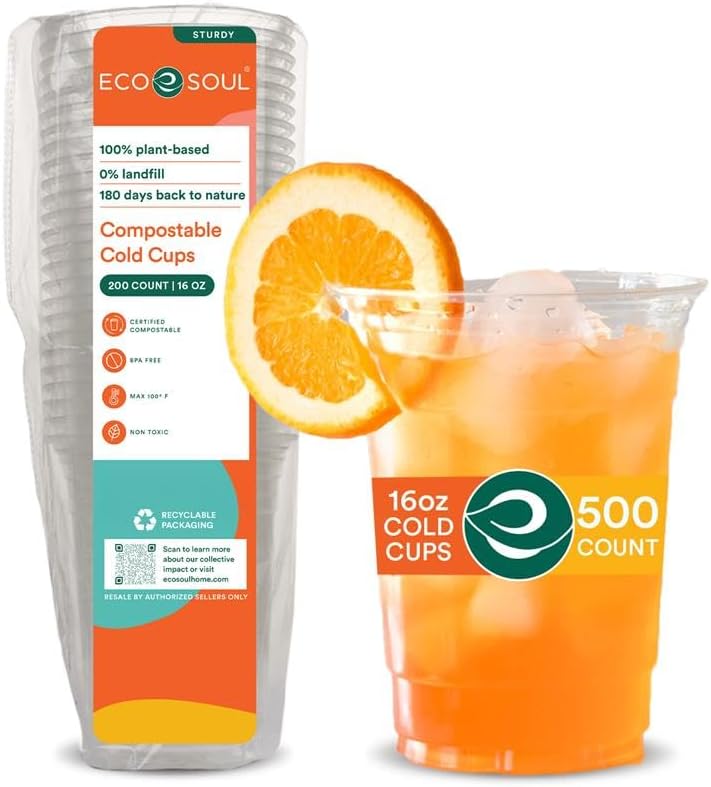 ECO SOUL 100% Compostable, Disposable Party Cups | Eco-friendly Party Cups | (500 Count, 16 oz Cold Cups)
