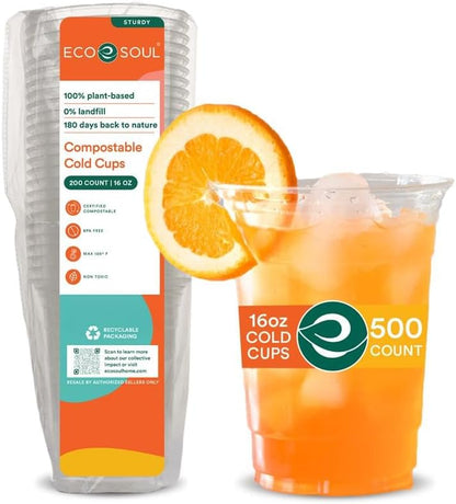 ECO SOUL 100% Compostable, Disposable Party Cups | Eco-friendly Party Cups | (500 Count, 16 oz Cold Cups)
