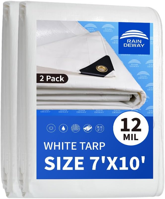 RAINDEWAY 12 Mil Heavy Duty White Tarp 7x10 Feet (2 Pack), UV Resistant, Waterproof, Weatherproof Poly Tarp with Metal Grommets and Reinforced Edges