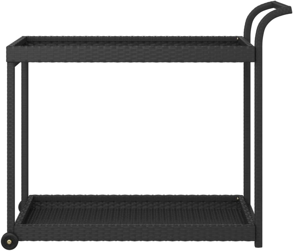 Outdoor Rolling Wicker Bar Cart with Storage Shelves, Portable Bar Cart with Wheels, Patio Kitchen Island Cart for Pool Deck Backyard, Black 39.4"x17.7"x32.7" Poly Rattan -463