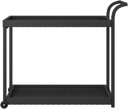 Outdoor Rolling Wicker Bar Cart with Storage Shelves, Portable Bar Cart with Wheels, Patio Kitchen Island Cart for Pool Deck Backyard, Black 39.4"x17.7"x32.7" Poly Rattan -463
