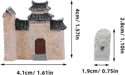 DECHOUS 10Pcs Miniature Village House: Resin Miniature Fairy Garden Houses with Chinese Stone Lion Statue - Micro Landscape Cottage Ornaments Kit for DIY Garden Bonsai Terrarium