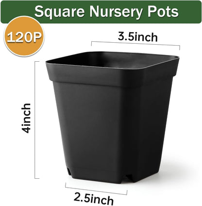 Small Plant Pots 3.5 Inch, 120 Pcs Nursery Pots with Drainage Holes, Durable Plastic Succulents Pots for Seedlings, Cuttings (Black)