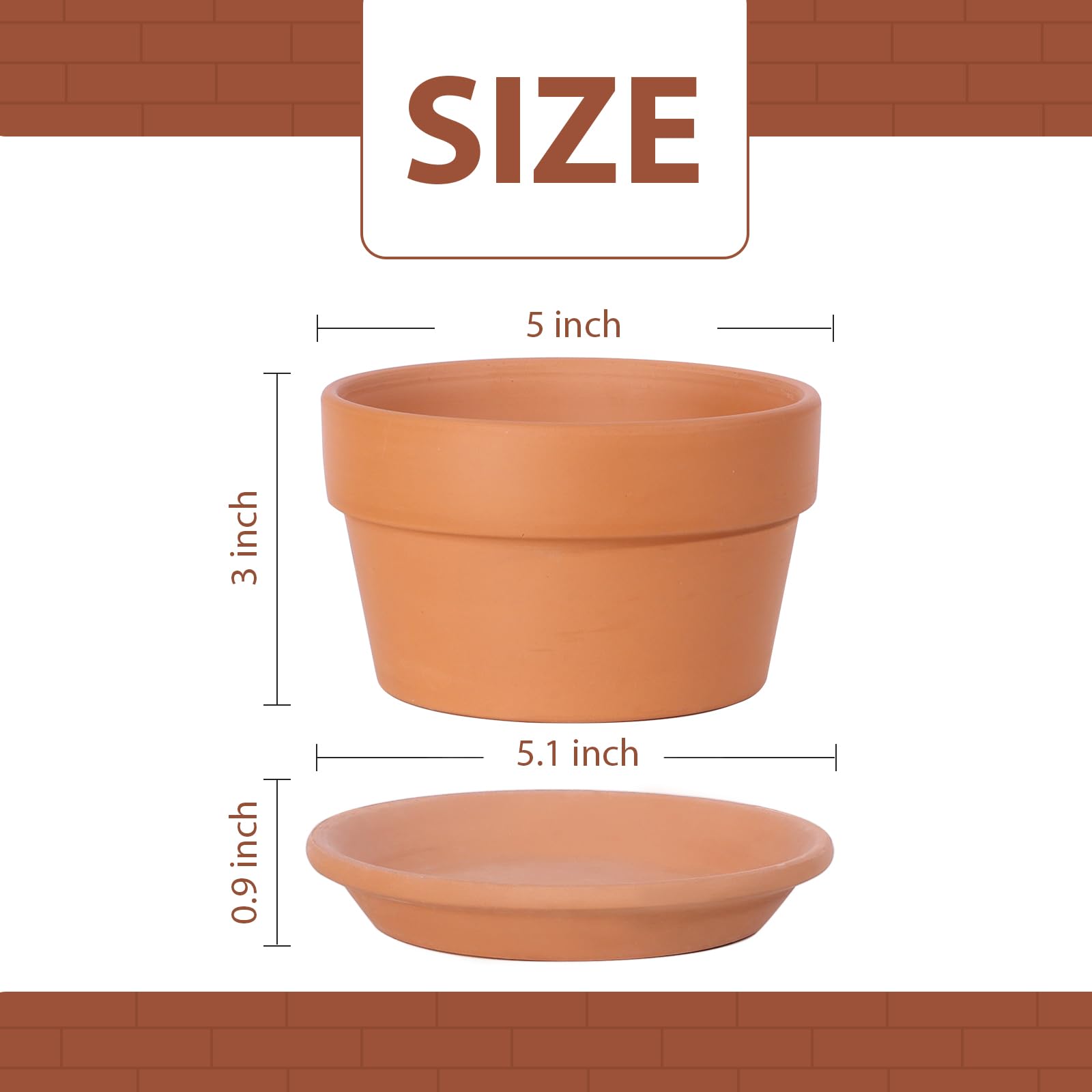 INGOFIN 5 Inch Terracotta Shallow Pots Set with Saucer - Ceramic Clay Pots with Drainage Hole