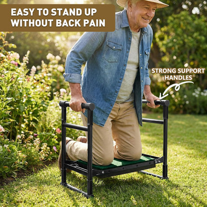 Heavy Duty Garden Kneeler and Seat for Seniors – Anti-Tip Folding Gardening Stool with Thick EVA Kneeling Pad, Extendable Support Legs & Sturdy Handles for Gardening, Black