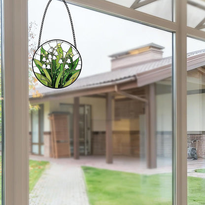 Stained Glass Lily of the Valley Suncatcher – Floral Window Hanging Decor with Chain, Green Glass Panel for Home, Garden & Meaningful Gift