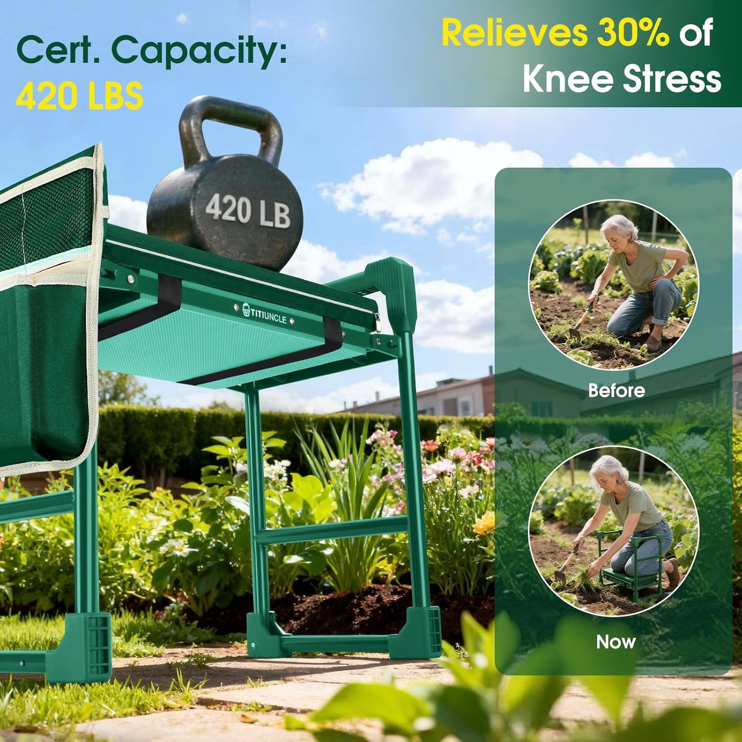 GardenGlow Heavy Duty Garden Kneeler and Seat for Seniors, Foldable Gardening Stool Bench with Thick Soft Kneeling Pad, Anti-Tip Design, Tool Bag & 420LB Support, Green