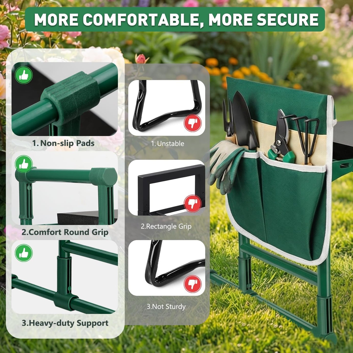 Heavy Duty Garden Kneeler and Seat for Seniors – Anti-Tip Folding Gardening Stool with Thick EVA Kneeling Pad, Extendable Support Legs & Sturdy Handles for Gardening, Green