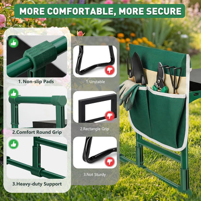 Heavy Duty Garden Kneeler and Seat for Seniors – Anti-Tip Folding Gardening Stool with Thick EVA Kneeling Pad, Extendable Support Legs & Sturdy Handles for Gardening, Green