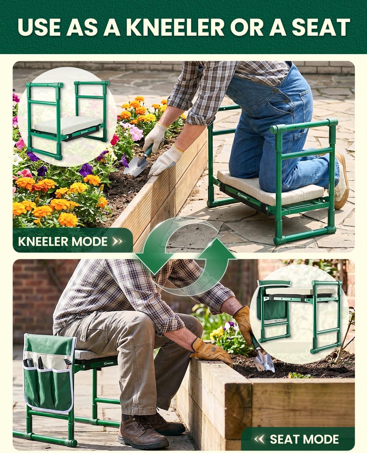 Saker Garden Kneeler and Seat – 500LB Heavy Duty Foldable Gardening Stool with Soft Kneeling Pad, Side Handles & Tool Pouches for Seniors and Gardeners, Green