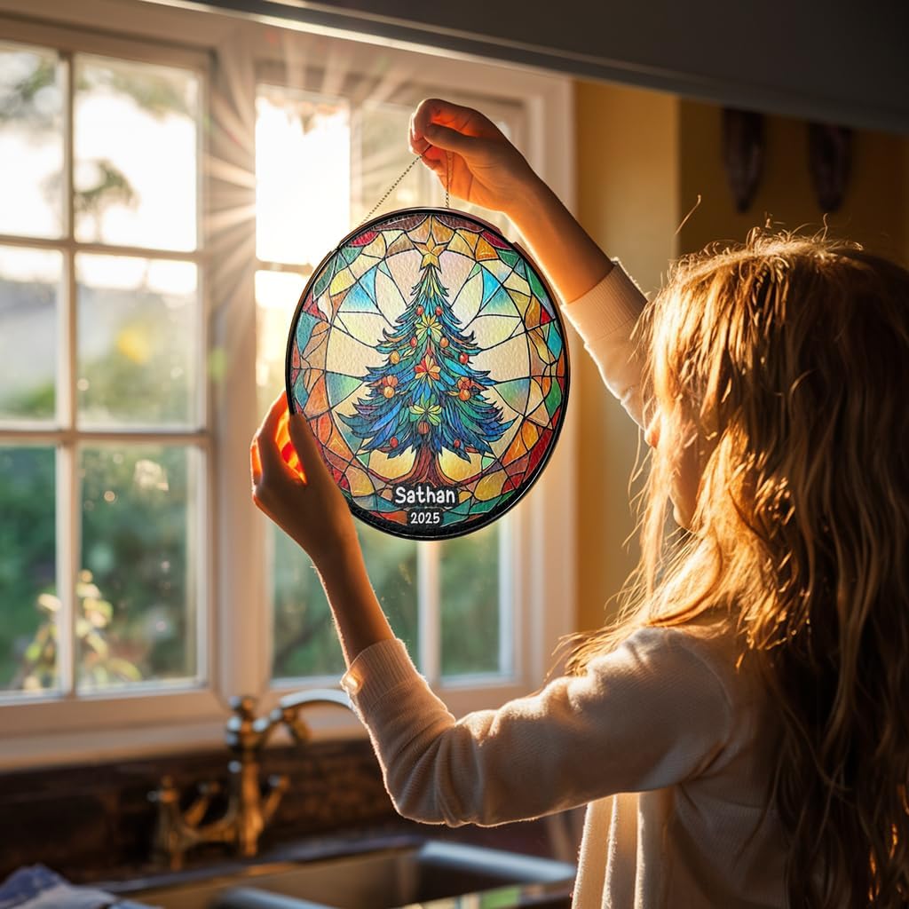 Personalized Stained Glass Christmas Tree Suncatcher, Christmas Handcraft Holiday Ornament with Name and Number, Gift for Family or Friend, Gift for Décor