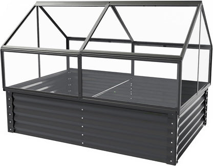 68.7" Raised Garden Bed with Greenhouse Cover, Galvanized Steel Planter Box with Open Bottom Drainage, Dual Use Outdoor Metal Planter for Vegetables Flowers and Herbs