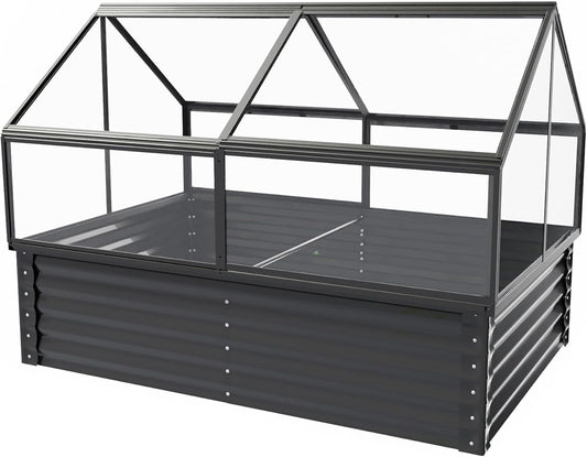 68.7" Raised Garden Bed with Greenhouse Cover, Galvanized Steel Planter Box with Open Bottom Drainage, Dual Use Outdoor Metal Planter for Vegetables Flowers and Herbs