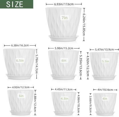 4/4.5/5/5.5/6/6.5/7 Inch Plant Pots,7 Pack Flower Pots with Drainage Holes and Trays,Plastic Planters for Indoor Outdoor Plants Growth,White